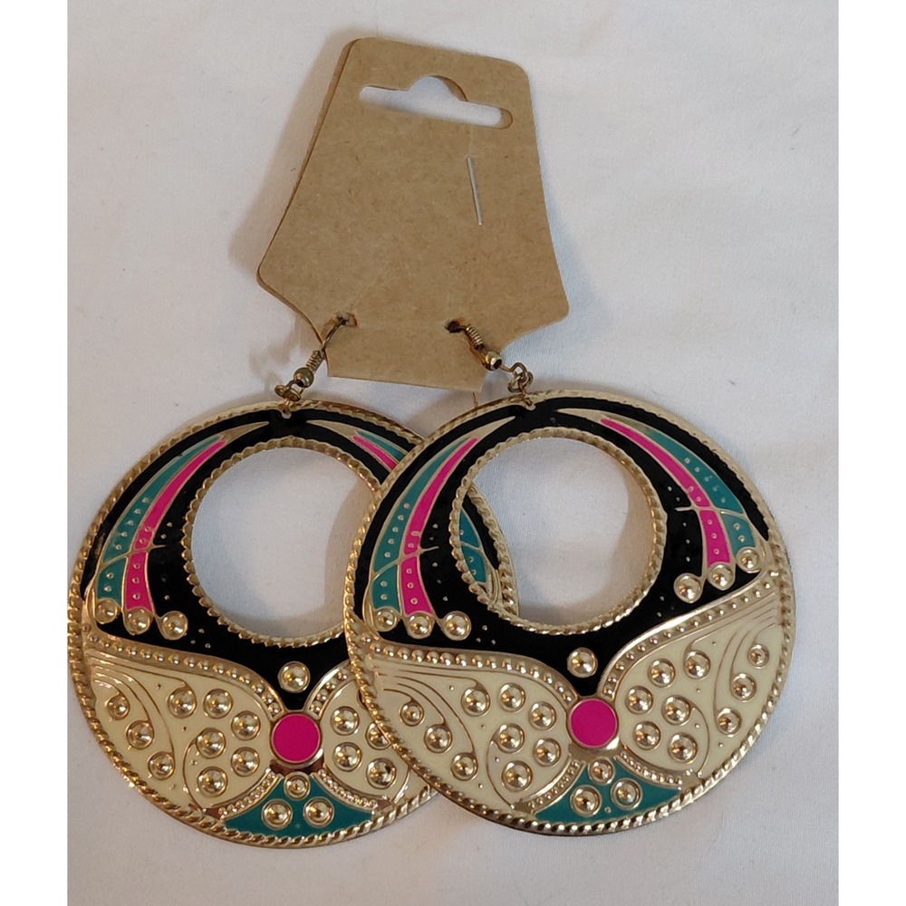 Large Gold Tone Enamel Statement Earrings Black Pink Turquoise Cream Dangle